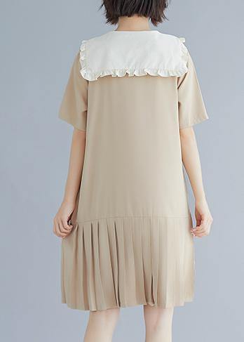 Style nude ruffles hem cotton Long Shirts Sailor Collar A Line summer Dresses - SooLinen