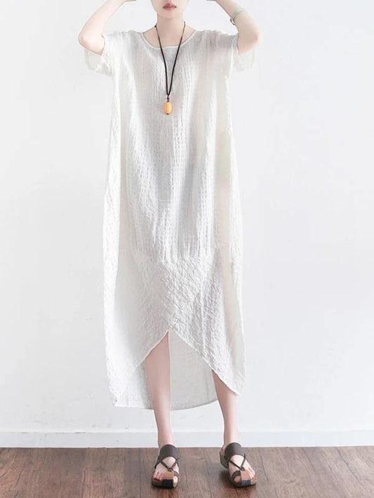 Style o neck asymmetric cotton clothes Shirts white Plus Size Dress summer - SooLinen