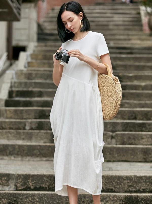 Style o neck asymmetric cotton dress Sewing nude Traveling Dress summer - SooLinen
