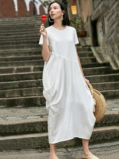 Style o neck asymmetric cotton dress Sewing nude Traveling Dress summer - SooLinen