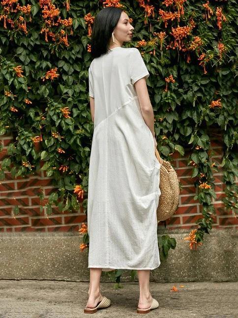 Style o neck asymmetric cotton dress Sewing nude Traveling Dress summer - SooLinen