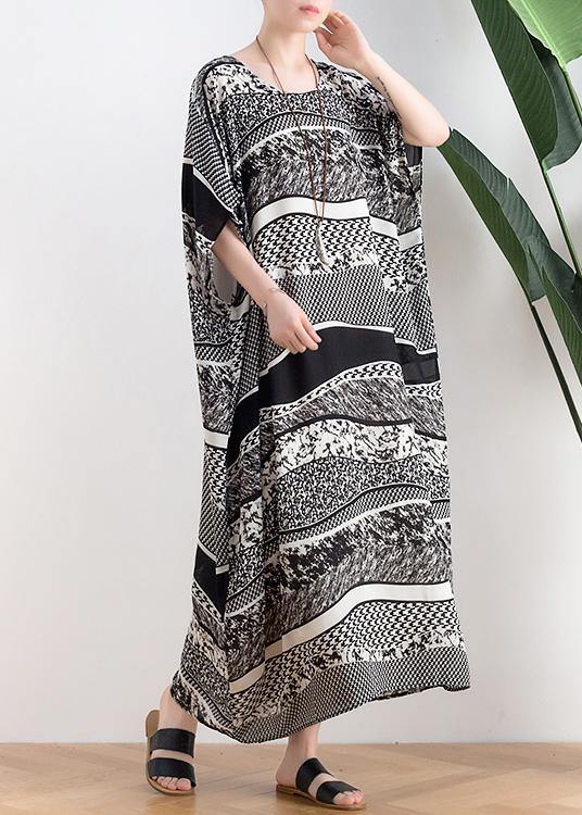 Style o neck asymmetric summer clothes Women black white striped Art Dresses - SooLinen