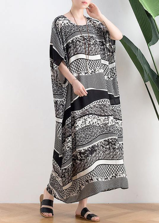 Style o neck asymmetric summer clothes Women black white striped Art Dresses - SooLinen