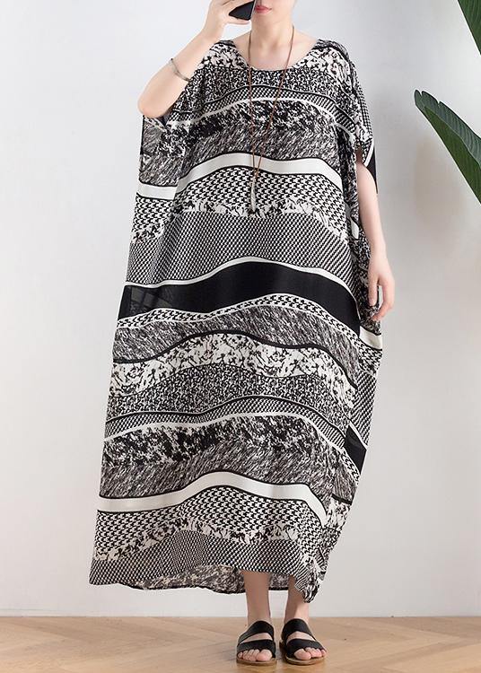 Style o neck asymmetric summer clothes Women black white striped Art Dresses - SooLinen