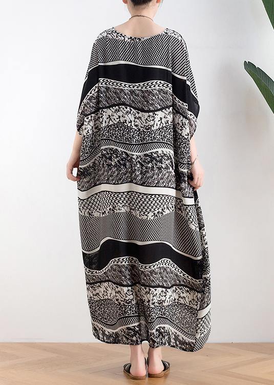 Style o neck asymmetric summer clothes Women black white striped Art Dresses - SooLinen