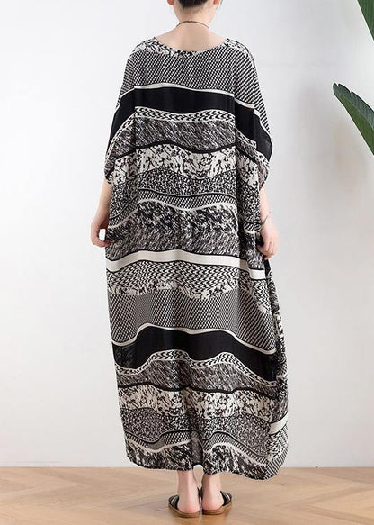 Style o neck asymmetric summer clothes Women black white striped Art Dresses - SooLinen