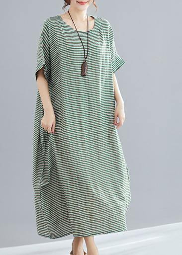 Style o neck cotton quilting clothes Pakistani Work green striped loose Dress Summer - SooLinen