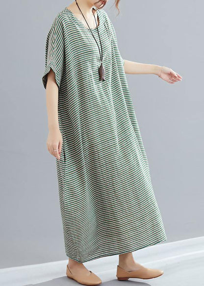 Style o neck cotton quilting clothes Pakistani Work green striped loose Dress Summer - SooLinen