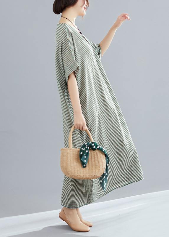Style o neck cotton quilting clothes Pakistani Work green striped loose Dress Summer - SooLinen