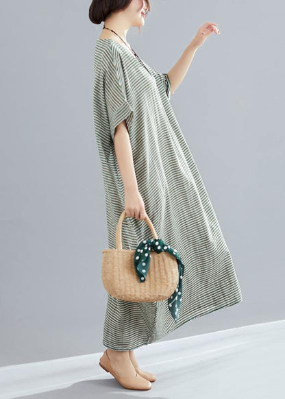 Style o neck cotton quilting clothes Pakistani Work green striped loose Dress Summer - SooLinen