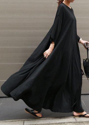 Style o neck exra large hem cotton dresses Runway black A Line Dress - SooLinen