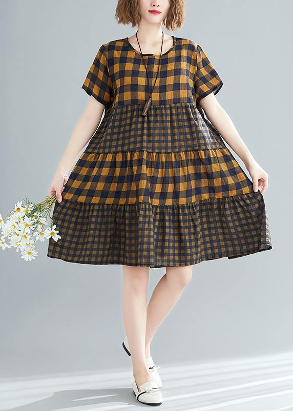 Style o neck patchwork linen cotton quilting dresses 2019 Tutorials yellow Plaid loose Dress Summer - SooLinen