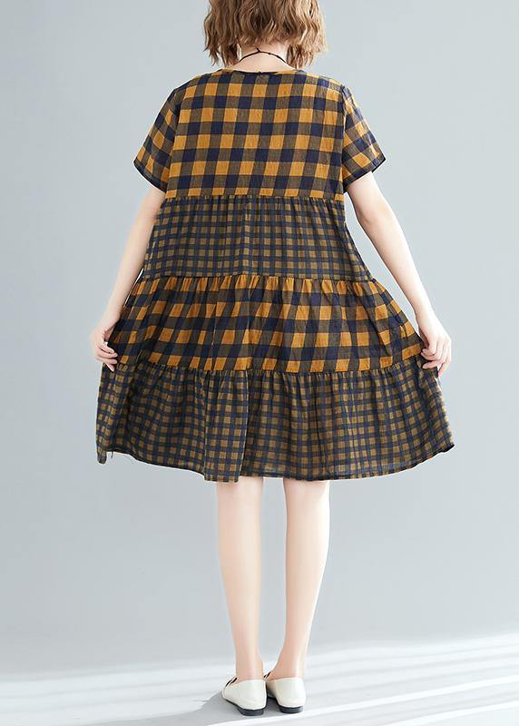 Style o neck patchwork linen cotton quilting dresses 2019 Tutorials yellow Plaid loose Dress Summer - SooLinen