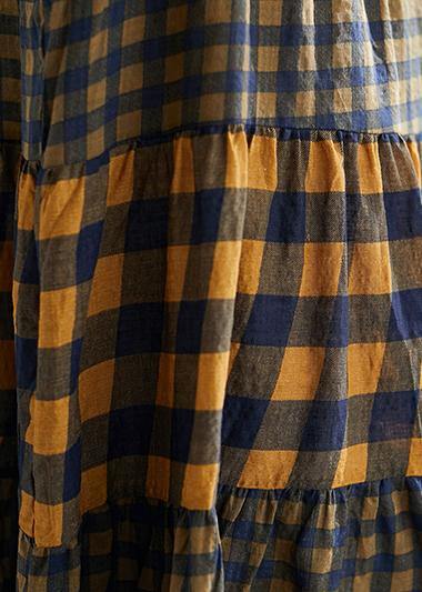 Style o neck patchwork linen cotton quilting dresses 2019 Tutorials yellow Plaid loose Dress Summer - SooLinen
