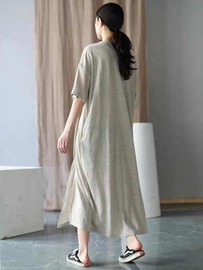 Style o neck side open cotton Tunics Work Outfits beige long Dresses summer - SooLinen
