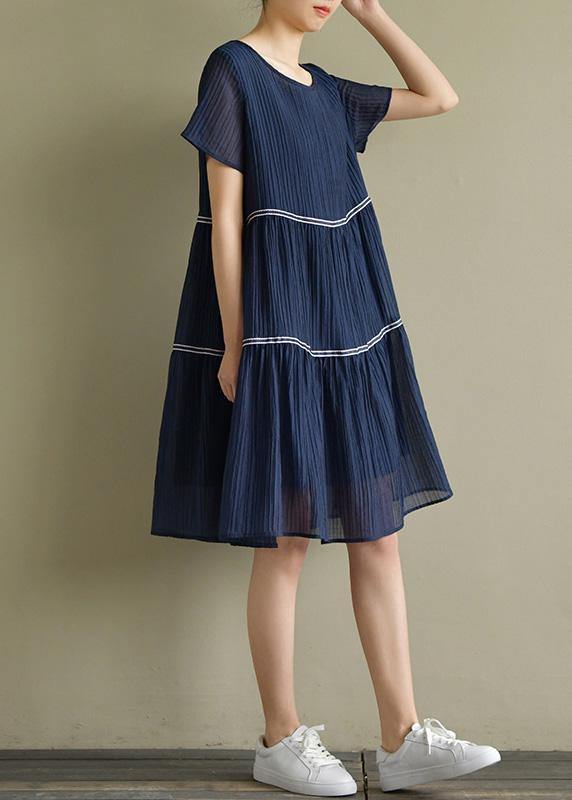 Style o neck Cinched clothes For Women 2019 Wardrobes navy A Line Dresses Summer - SooLinen