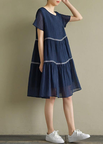 Style o neck Cinched clothes For Women 2019 Wardrobes navy A Line Dresses Summer - SooLinen