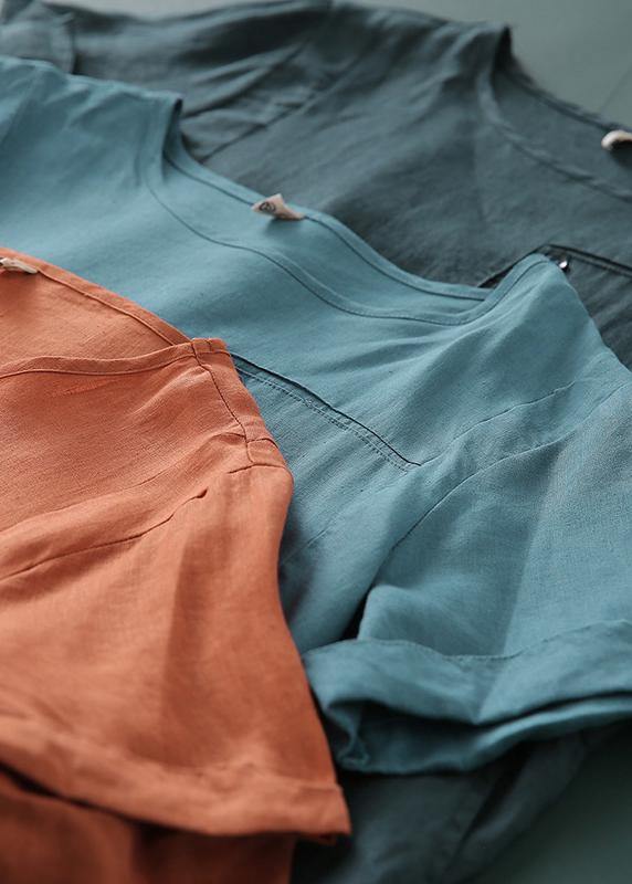 Style orange Long Shirts o neck patchwork cotton Dress - SooLinen