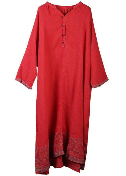 Style pockets baggy linen dresses Catwalk red embroidery Dress v neck - SooLinen