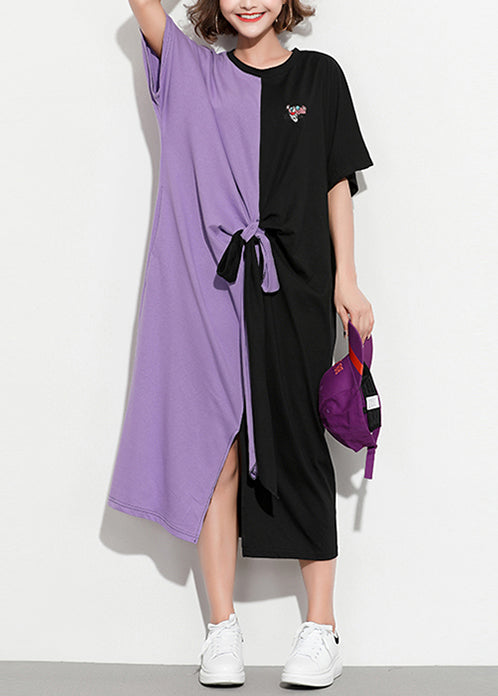 Style purple black cotton clothes plus size Shirts o neck patchwork Kaftan Summer Dress