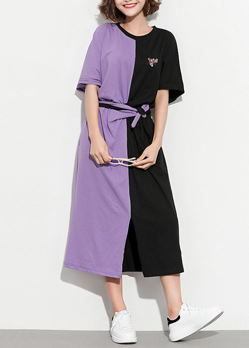 Style purple black cotton clothes plus size Shirts o neck patchwork Kaftan Summer Dress