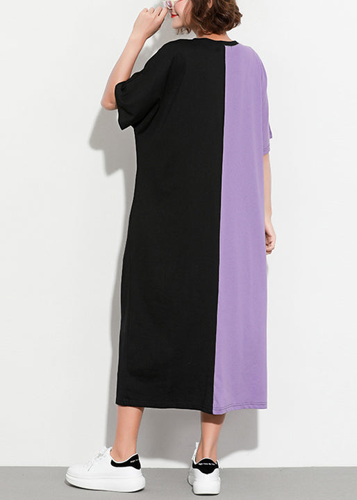 Style purple black cotton clothes plus size Shirts o neck patchwork Kaftan Summer Dress