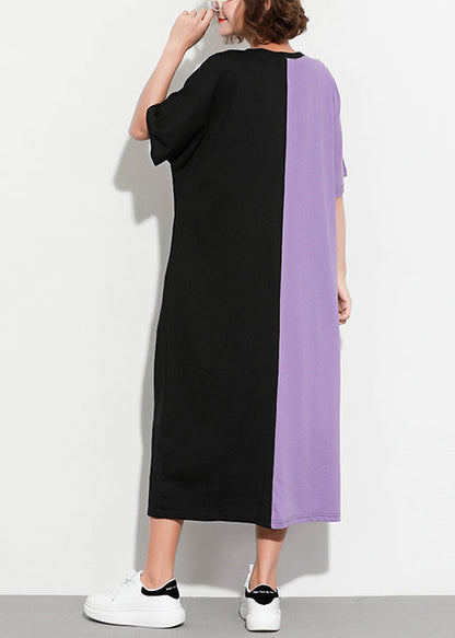 Style purple black cotton clothes plus size Shirts o neck patchwork Kaftan Summer Dress