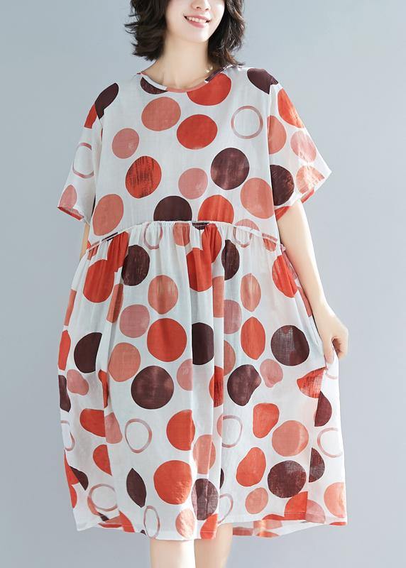 Style red dotted linen clothes For Women plus size design o neck short sleeve Plus Size Summer Dress - SooLinen
