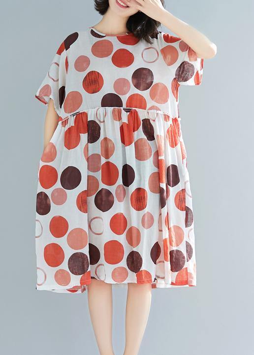 Style red dotted linen clothes For Women plus size design o neck short sleeve Plus Size Summer Dress - SooLinen
