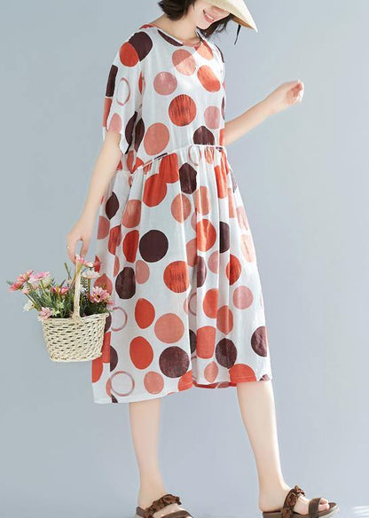 Style red dotted linen clothes For Women plus size design o neck short sleeve Plus Size Summer Dress - SooLinen