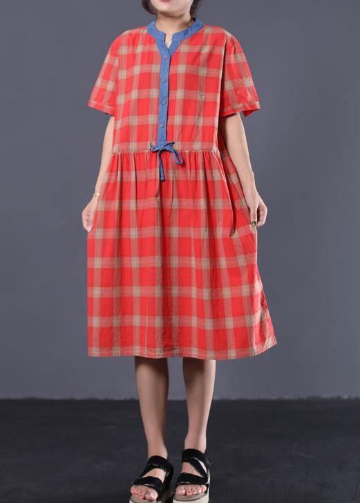 Style red plaid cotton clothes For Women patchwork color long summer Dresses - SooLinen
