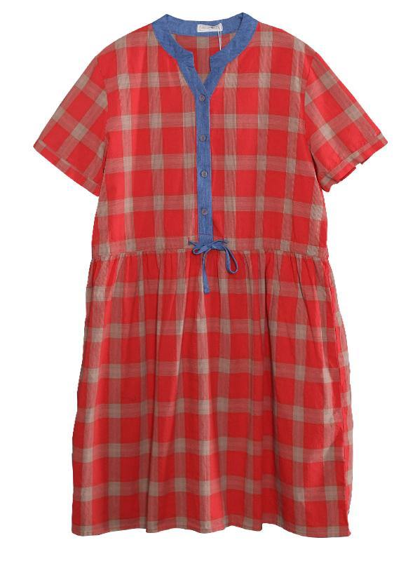 Style red plaid cotton clothes For Women patchwork color long summer Dresses - SooLinen