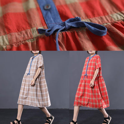 Style red plaid cotton clothes For Women patchwork color long summer Dresses - SooLinen