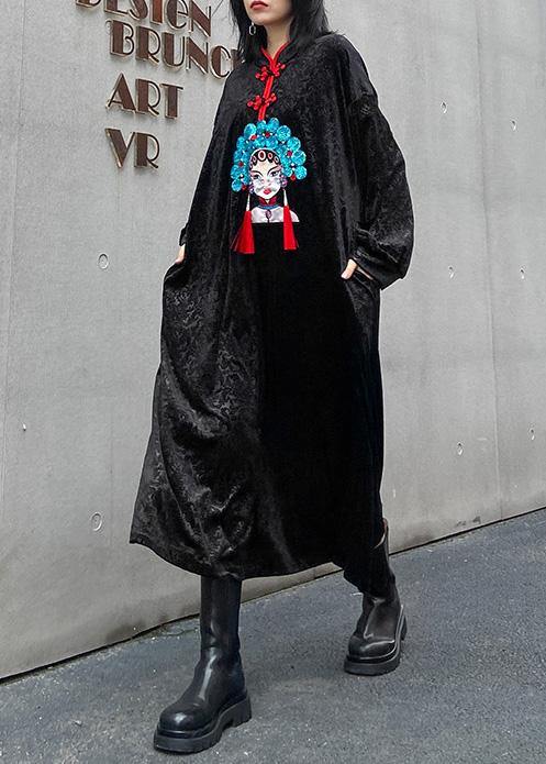 Style stand collar Tunics Runway black print A Line Dresses - SooLinen