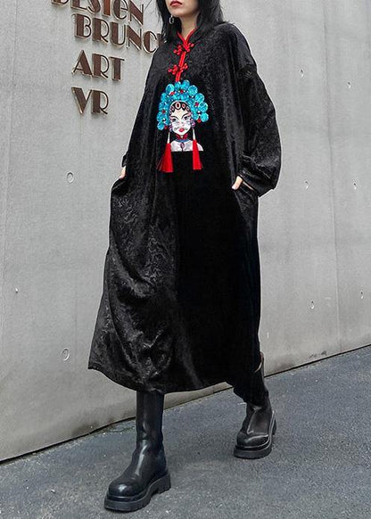 Style stand collar Tunics Runway black print A Line Dresses - SooLinen