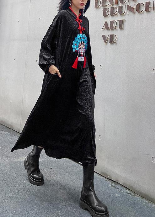 Style stand collar Tunics Runway black print A Line Dresses - SooLinen