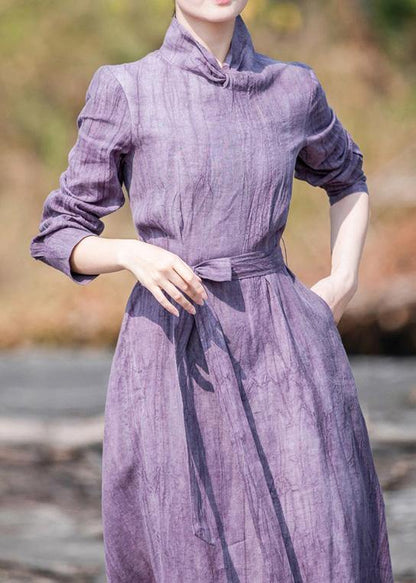 Style stand collar pockets spring dresses Tutorials purple Dress - SooLinen