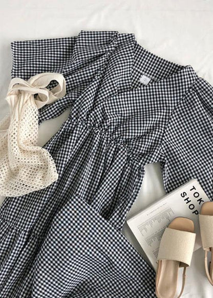 Style v neck Ruffles linen cotton summer quilting dresses Work plaid Dress - SooLinen