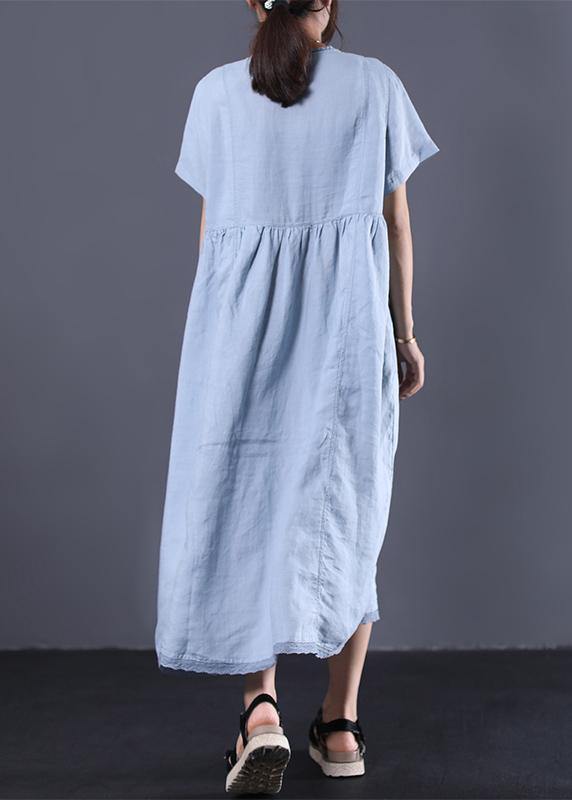 Style v neck linen clothes For Women Work Outfits light blue Dress summer - SooLinen