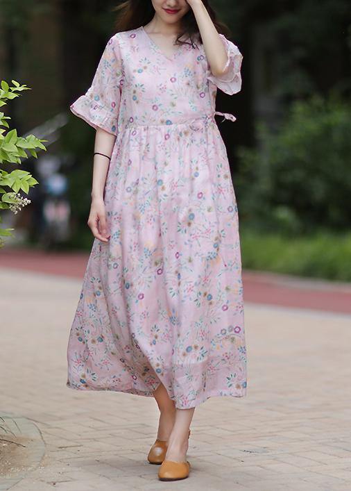 Style v neck tie waist linen Long Shirts Outfits pink print Dress - SooLinen