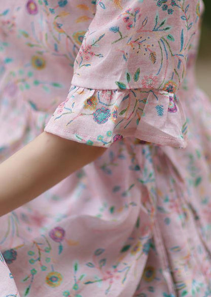 Style v neck tie waist linen Long Shirts Outfits pink print Dress - SooLinen