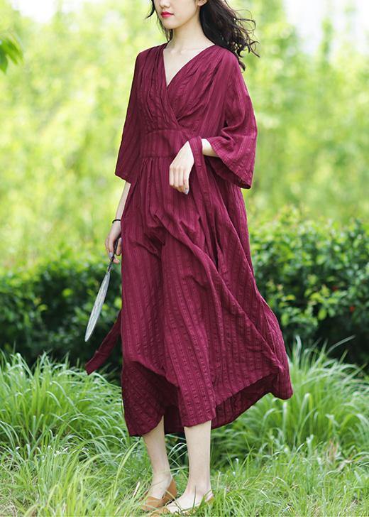 Style v neck tie waist linen clothes Fashion Ideas burgundy Dresses - SooLinen