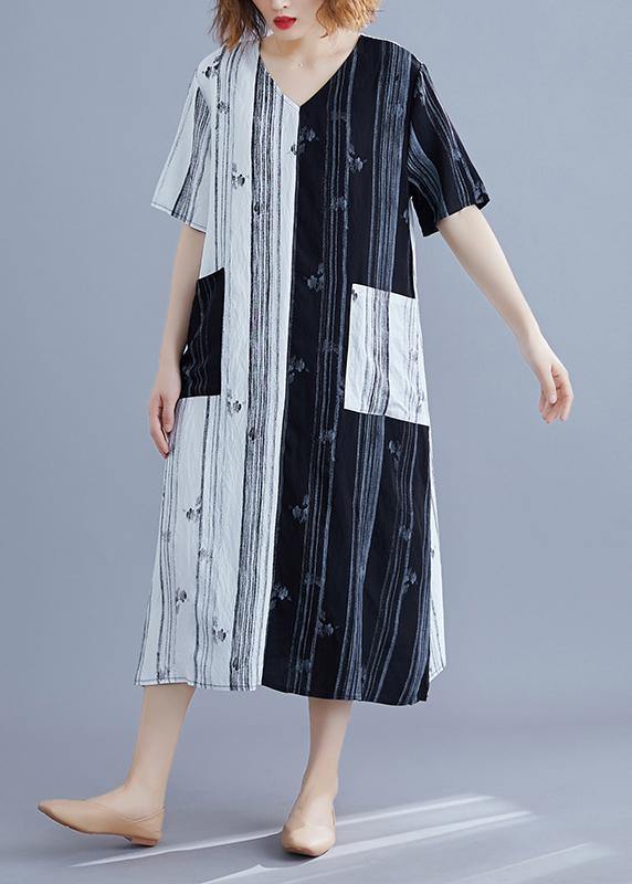 Style white Long v neck patchwork Traveling summer Dress - SooLinen