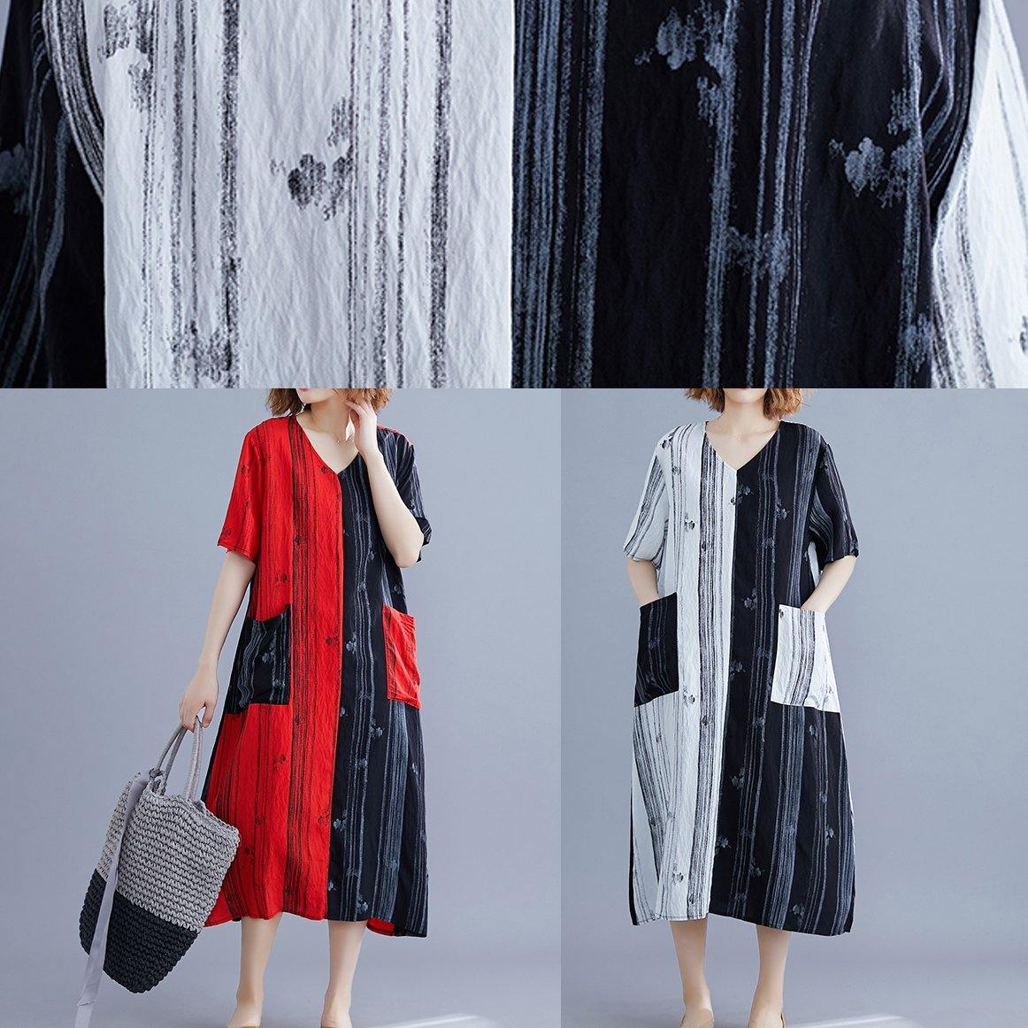 Style white Long v neck patchwork Traveling summer Dress - SooLinen