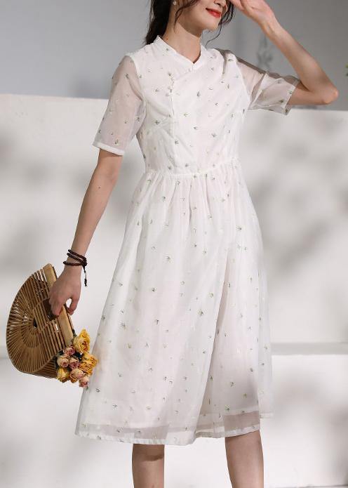 Style white clothes stand collar Cinched oversized Dress - SooLinen