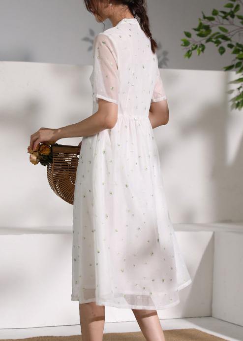 Style white clothes stand collar Cinched oversized Dress - SooLinen