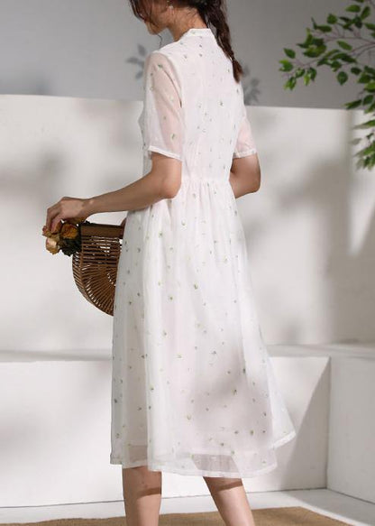 Style white clothes stand collar Cinched oversized Dress - SooLinen