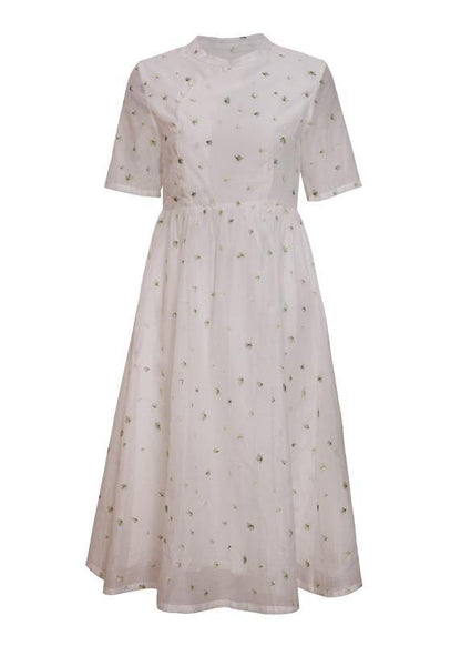 Style white clothes stand collar Cinched oversized Dress - SooLinen