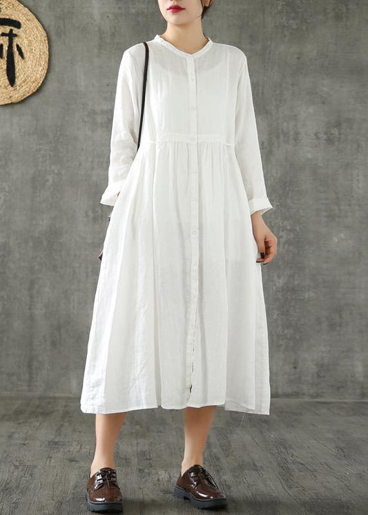 Style white linen clothes For Women Cinched pockets loose spring Dresses - SooLinen