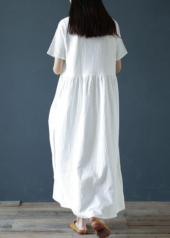 Style white linen cotton dresses o neck Jacquard Dresses  Dresses - SooLinen